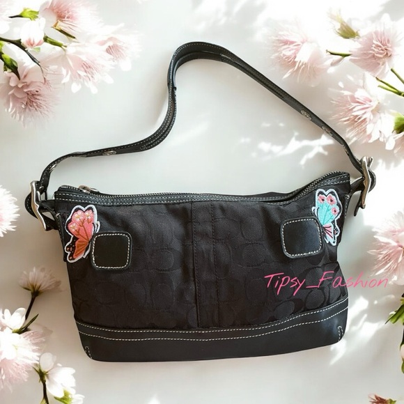 Coach #9363 Signature Canvas Leather Shoulder Butterfly Floral Embellishment Y2K - Picture 1 of 9